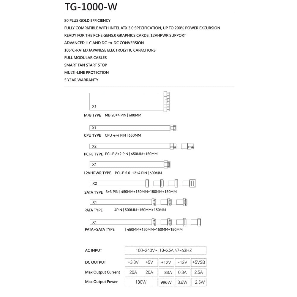 Захранване Thermalright TG-1000 White