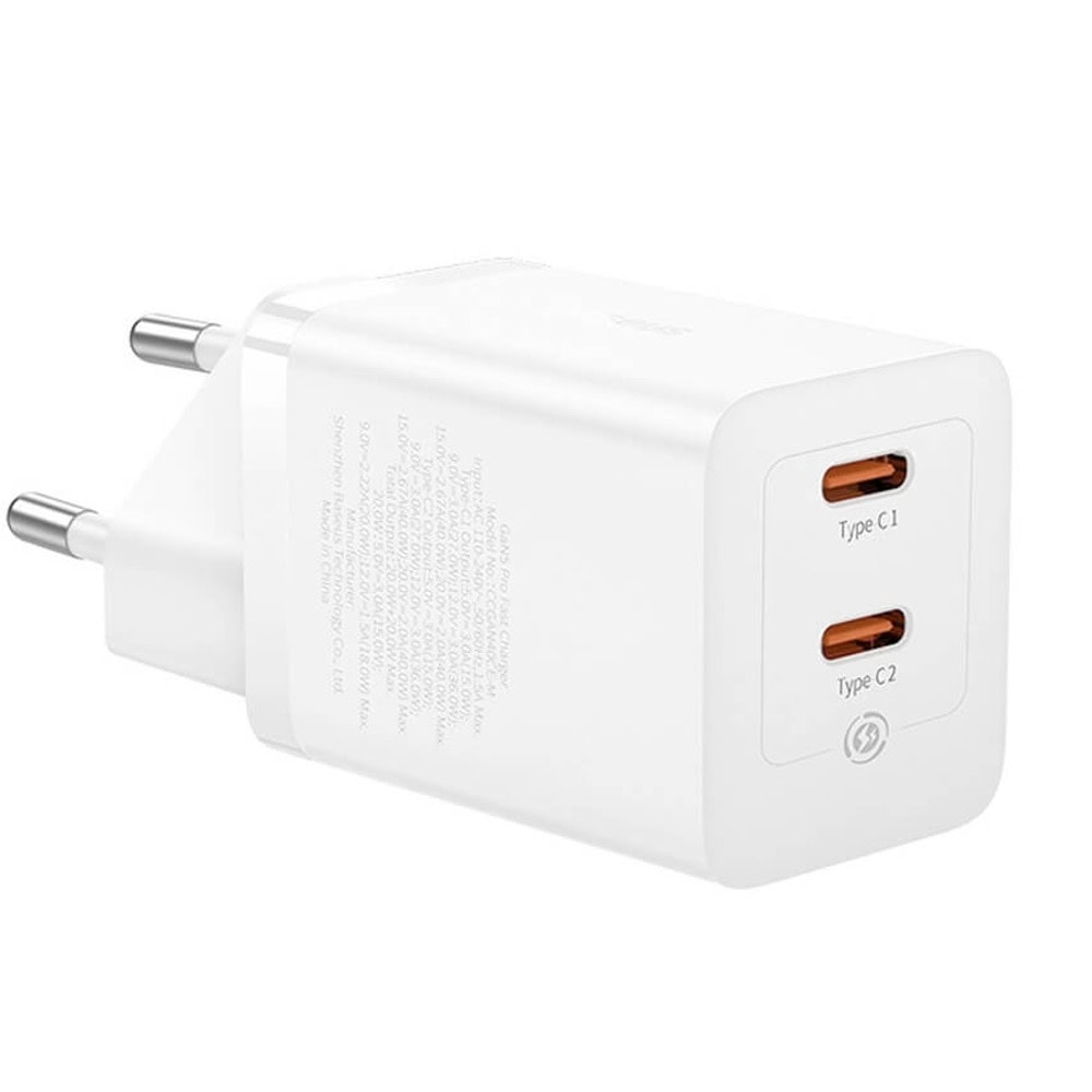 baseus gan5 pro fast dual usb-c 40w бял
