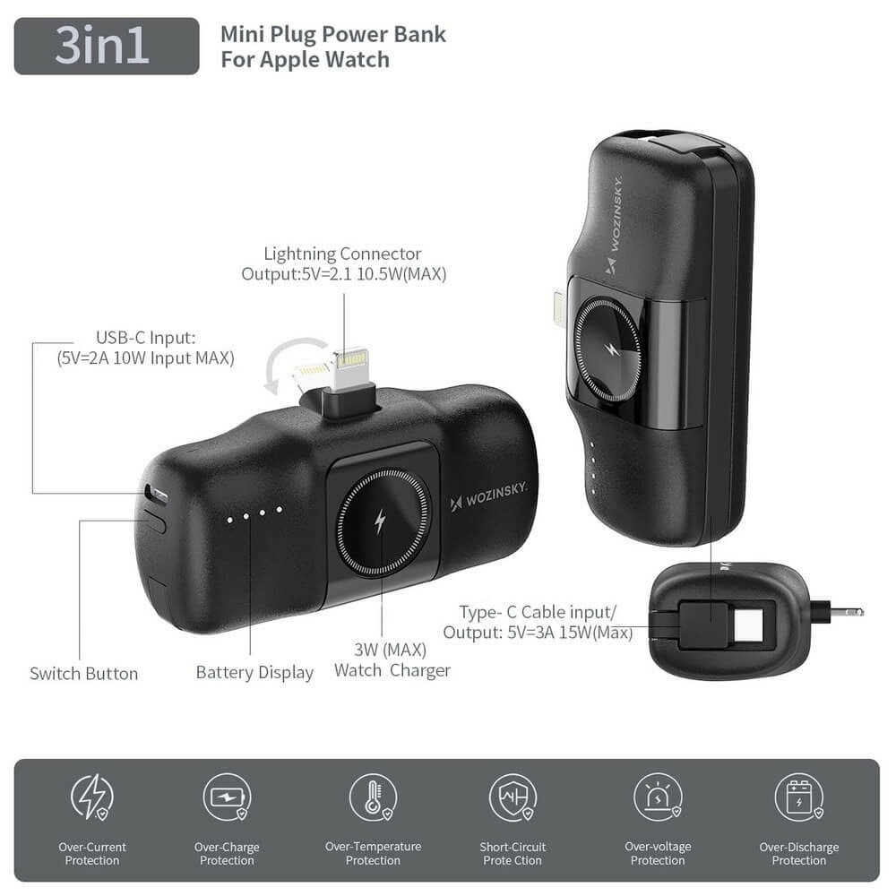Wozinsky 3-in-1 Power Bank 5000mAh 15W черен | JAR Computers Wozinsky 3-in-1 Power Bank 5000mAh 15W черен