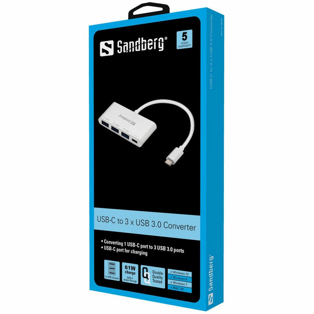 SANDBERG SNB-136-03 от USB-C към 3 x USB 3.0 | JAR Computers SANDBERG SNB-136-03 от USB-C към 3 x USB 3.0