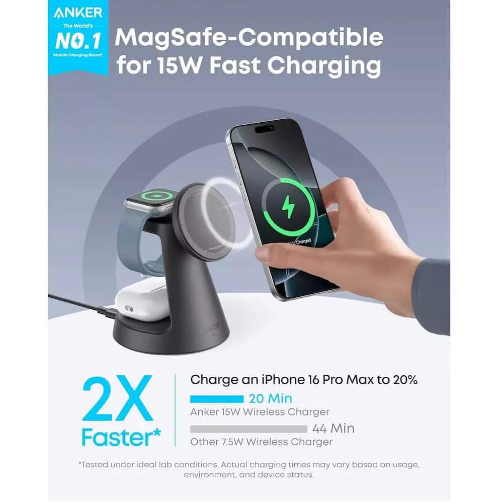 Anker MagGo 3-in-1 MagSafe Qi2 15W Black | JAR Computers Anker MagGo 3-in-1 MagSafe Qi2 15W Black