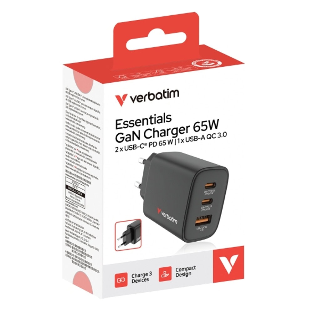 Verbatim Essentials GaN Charger 65W Black 32352 | JAR Computers Verbatim Essentials GaN Charger 65W Black 32352