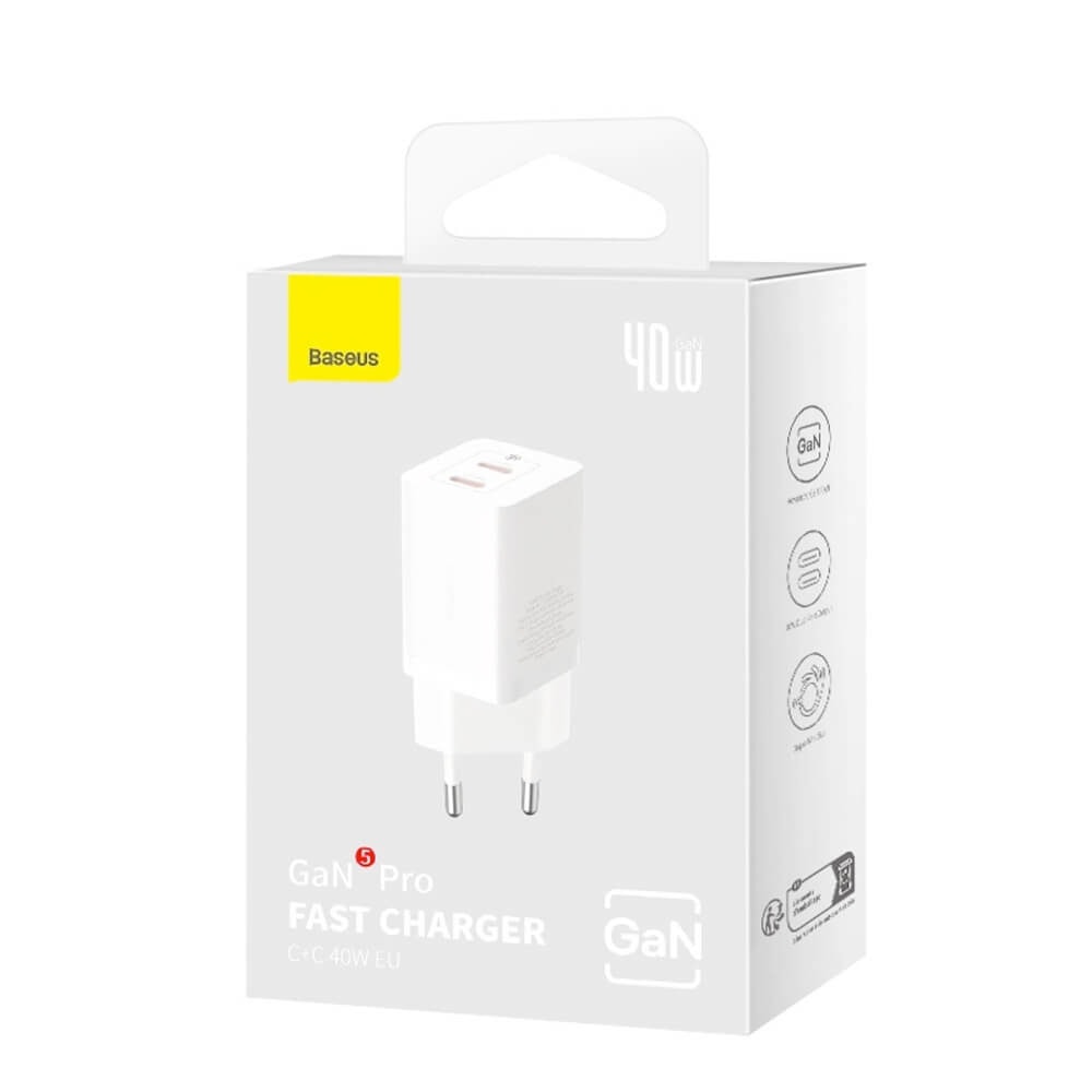 baseus gan5 pro fast dual usb-c 40w бял
