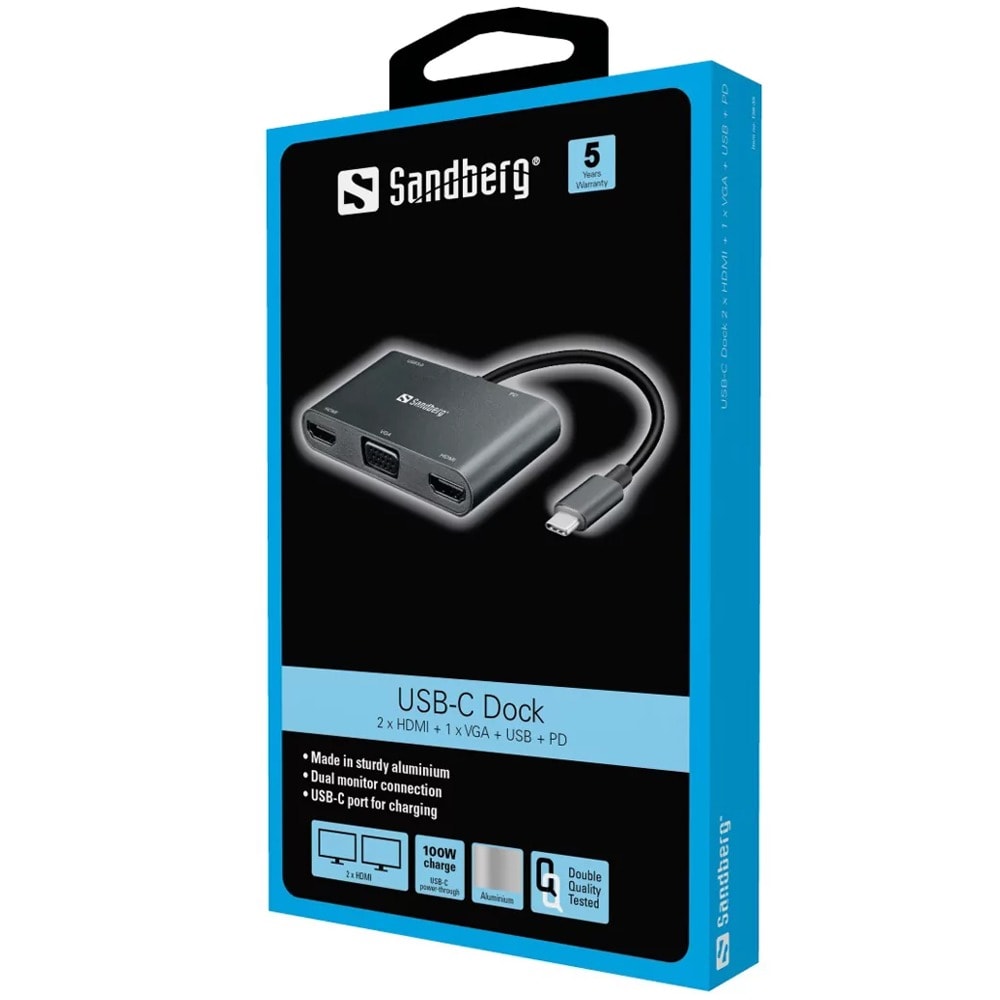 Sandberg USB-C Dock 2xHDMI+1xVGA+USB+PD 136-35