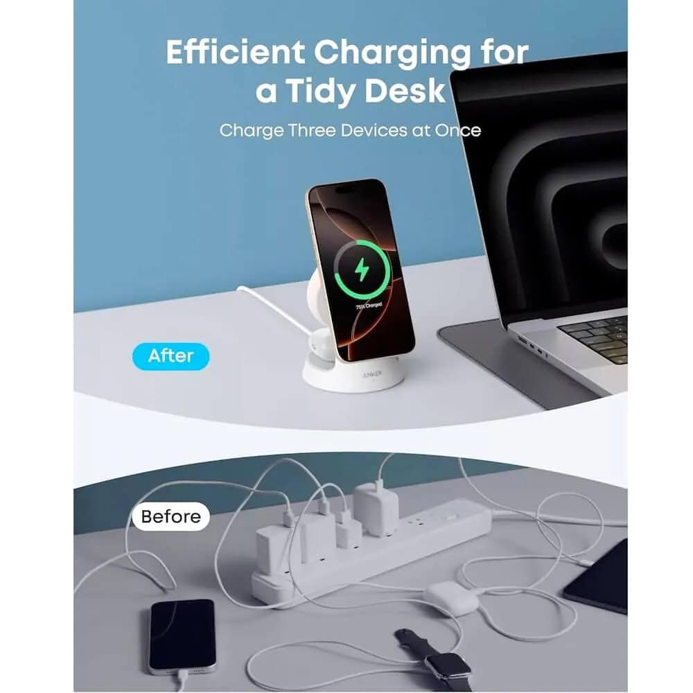 Anker MagGo 3-in-1 MagSafe Qi2 15W White | JAR Computers Anker MagGo 3-in-1 MagSafe Qi2 15W White