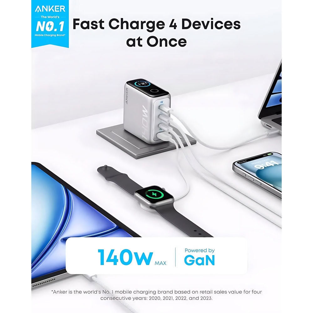 Anker Zolo GaN Wall Charger Smart Display 140W Sil | JAR Computers Anker Zolo GaN Wall Charger Smart Display 140W Sil