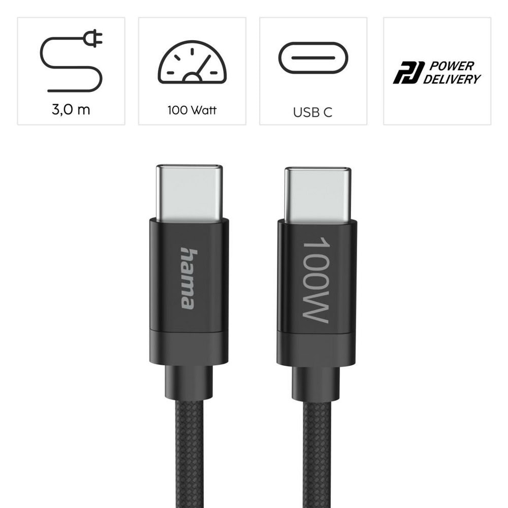 кабел hama fabric usb-c m to usb-c m 100w 3m black