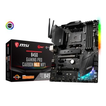 Дънна платка MSI B450 Gaming Pro Carbon Max WiFi, AM4, B450, DDR4, PCI-E 3.0(DP/HDMI)(CFX), 4x SATA 6Gb/s, 2x M.2 Socket, 1x USB 3.2 Type C, 3x USB 3.2 Type A, Wi-Fi, Bluetooth 5.0, ATX, RGB Mystic Liht подсветка | JAR Computers MSI B450 Gaming Pro Carbon Max WiFi