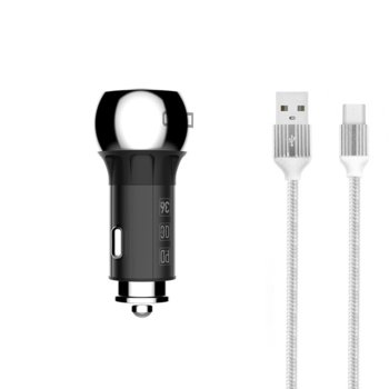 Зарядно за устройство за кола LDNIO C1, от автомобилна запалка към 1x USB A(ж)/1x USB C(ж), 5V 3.0A / 9V 2.0A / 12V 1.5A, сиво, Micro USB кабел черен 1.0м | JAR Computers Зарядно устройство LDNIO C1 Micro USB кабел