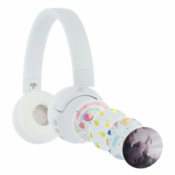 BuddyPhones POP Fun слушалки, безжични/жични, Bluetooth, Jack 3.5mm, USB-C, микрофон, детски, до 24 часа време на работа, сгъваеми, декоративни стикери, бели | JAR Computers BuddyPhones POP Fun Blue BT-BP-POPFUN-WH