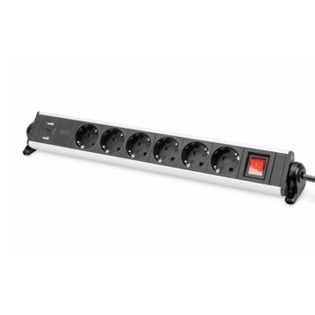 Разклонител ASSMANN DA-70624, 6 гнезда, 2x USB-A, 1x USB-C, бутон за вкл./изкл., 1.5m, черен | JAR Computers Разклонител ASSMANN DA-70624