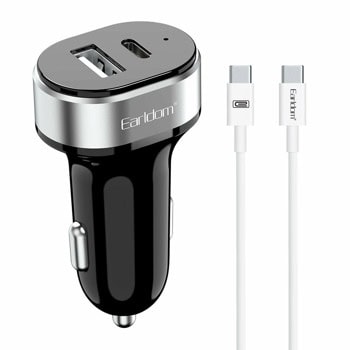 Зарядно устройство Earldom ES-CC14, за кола, от автомобилна запалка към 1x USB-C(ж), 1x USB-A(ж), черно, кабел от USB-C(м) към USB-C(м) | JAR Computers Earldom ES-CC14 40354
