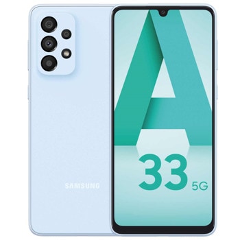 Смартфон Samsung Galaxy A33 5G (син), поддържа 2 sim карти, 6.4" (16.26 cm) Super AMOLED 90Hz дисплей, осемядрен Exynos 1280 2.4GHz, 6GB RAM, 128GB Flash памет (+microSD слот), 48.0 + 8.0 + 5.0 + 2.0 & 13.0 MPix камери, Android, 186g image