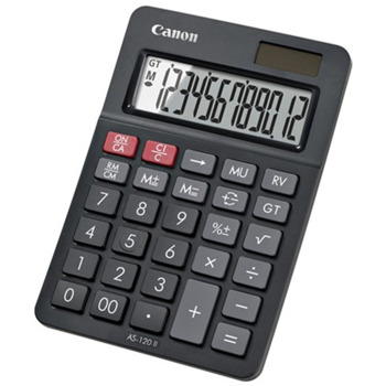 Калкулатор Canon AS-120 II, 12 разряден дисплей, настолен, корен квадратен, сума, процент, данъчни изчисления, Key Roll-Over - бързо въвеждане, преобразуване на валута, черен | JAR Computers Canon AS-120 II