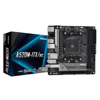 Дънна платка ASRock A520M-ITX/ac, A520, AM4, DDR4, PCI-E 3.0 (DP/HDMI), 4x SATA 6Gb/s, 1x M.2, 1x USB 3.2 Gen 1 Type-C, Bluetooth, Wi-Fi, Mini-ITX | JAR Computers ASRock A520M-ITX/ac