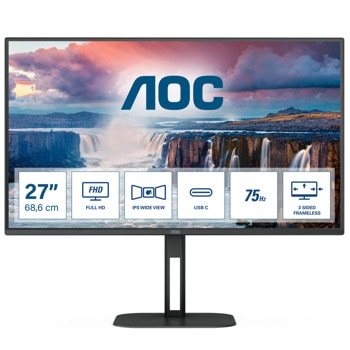 Монитор AOC 27V5CE/BK, 27" (68.58 cm) IPS панел, 75Hz, Full HD, 4ms, 20 000 000:1, 300 cd/m2, HDMI, USB Hub | JAR Computers AOC 27V5CE/BK