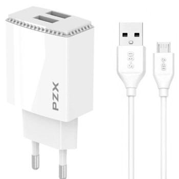 Зарядно устройство PZX P22, от контакт към 2x USB Type-A(ж), 5V, 3.1A, бяло, с включен USB Micro кабел | JAR Computers PZX P22 USB Micro 110203