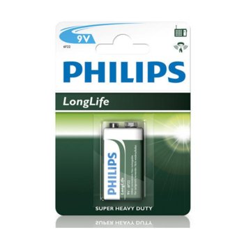 Батерия цинкова Philips Longlife 6F22, 9V, Блистер, 1 бр. | JAR Computers Батерия цинкова Philips Longlife 6F22, 9V, 1 бр.