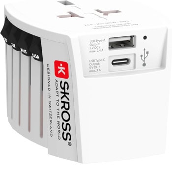 Адаптер Skross PRO MUV 1.302962, от EU, Австралия/Китай, Обединеното кралство (*не във версията за Швейцария), САЩ/Япония, към EU, Австралия/Китай, Великобритания, САЩ/Япония, 1x USB-C, 1x USB-A, бял | JAR Computers Skross PRO MUV 1.302962