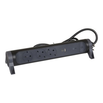 Разклонител Legrand 694512, 3 гнезда, 1x USB-A(ж)/1x USB-C(ж), защита от пренапрежение, 1.5m кабел, черен | JAR Computers Legrand 694512