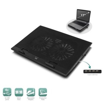 Охлаждаща поставка за лаптоп Ewent EW1253, с 2 вентилатора, за лаптопи до 17" (43.18 cm), USB, черна image