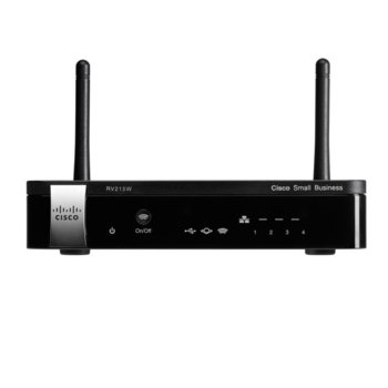 Рутер Cisco RV215W, 100Mbps, 2.4GHz(100 Mbps), Wireless N, 4x LAN 100, 1x WAN 100, USB, 2x външни антени | JAR Computers Cisco RV215W Wireless N VPN