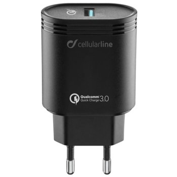Зарядно устройство Cellular Line, от контакт към 1x USB-A(ж), Qualcomm® Quick Charge ™ (max 18W), черно | JAR Computers Зарядно 220V 1 USB с бързо зареждане