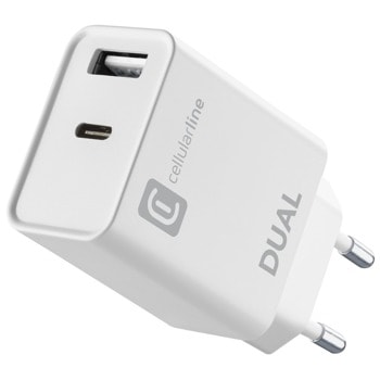 Зарядно за телефон Cellularline, от контакт към 1x USB C(ж), 1x USB A(ж), бяло | JAR Computers Cellularline IT8085