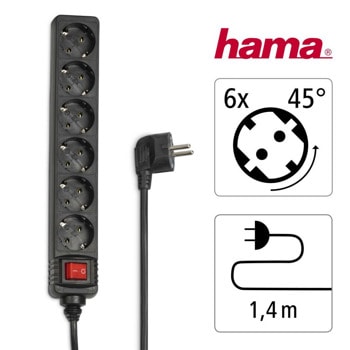 Разклонител Hama 6 гнезда, 1.4м, On/Off бутон | JAR Computers Разклонител 6 гнезда, 1.4м,черен, с бутон вкл/изкл