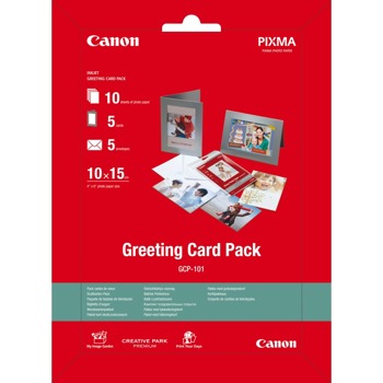 Фотохартия Canon Greeting Card Pack (GCP-101), 10x15cm, гланцирана, 170g/m2, 10 листа + 5 харт. рамки + 5 харт. плика | JAR Computers CANON GREETING CARD PACK GCP-101