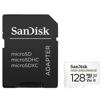 Карта памет 128GB microSDXC с адаптер, SanDisk High Endurance, Class 10 U-3, скорост на четене до 100MB/s, скорост на запис до 40MB/s | JAR Computers microSD SanDisk High Endurance V30 Class 10 128GB