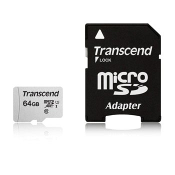 Карта памет 64GB microSDXC с адаптер, Transcend (TS64GUSD300S-A), Class 10 UHS-I U1, скорост на четене 100 MB/s, скорост на запис 25 MB/s image