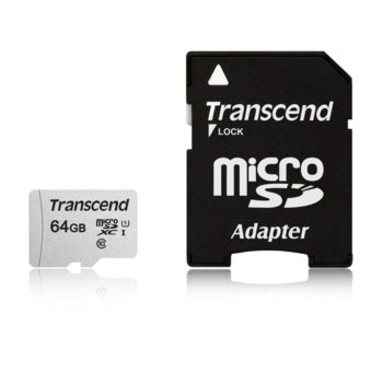 Карта памет 64GB microSDXC с адаптер, Transcend (TS64GUSD300S-A), Class 10 UHS-I U1, скорост на четене 100 MB/s, скорост на запис 25 MB/s | JAR Computers Transcend 64GB microSDXC TS64GUSD300S-A