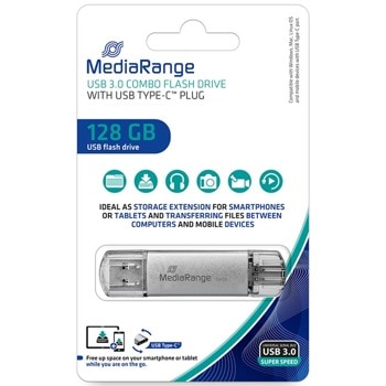 Памет 128GB USB Flash Drive, MediaRange MR938, USB 3.0/USB Type-C, сребриста | JAR Computers MediaRange MR938