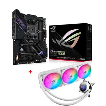 Дънна платка Asus ROG CROSSHAIR VIII Dark Hero в комплект с водно охлаждане за процесор Asus ROG STRIX LC 360 RGB White, X570, AM4, DDR4, PCI-E 4.0, (CF&SLI), 8x SATA 6Gb/s, 3x M.2, USB 3.2 Gen 2, Wi-Fi, Bluetooth, ATX | JAR Computers Asus ROG CROSSHAIR VIII Dark Hero