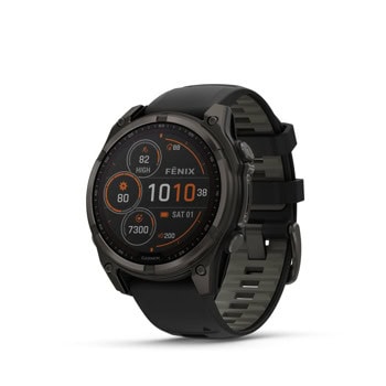 Смарт часовник Garmin FENIX 8 SOLAR 47 мм Sapphire, 1.3"(3.30), трансфлективен дисплей, GPS, Bluetooth, 10 ATM, 32 GB вградена памет, 21 дни време на работа, Black/Pebble Gray силиконова каишка, сив | JAR Computers Смарт часовник Garmin FENIX 8 SOLAR Sapphire