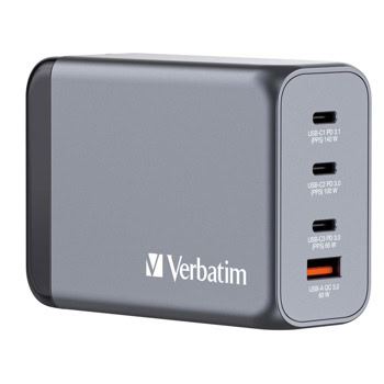 Зарядно устройство Verbatim GNC-240, от EU/UK/US към 3x USB C(ж), 1x USB A(ж), 28V/5A, сиво, 240W, QC 3.0 | JAR Computers Зарядно устройство Verbatim GNC-240 32205