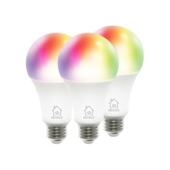 Смарт крушки Deltaco SH-LE27RGB-3P (3 броя), E27, 9W, 810lm, 2700K-6500K, управление с гласов асистент Google и Alexa, RGB, бели | JAR Computers Смарт крушки Deltaco SH-LE27RGB-3P 3 броя