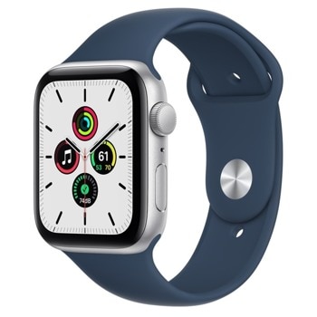 Смарт часовник Apple Watch SE (v2) GPS Silver Aluminium, 44mm, 1.78" (4.52 cm) Retina OLED дисплей, Bluetooth, 50m водоустойчивост, до 18 часа време на работа, 32GB памет, Abyss Blue Sport Band - Regular, сребристо-син image