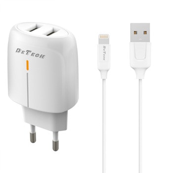 Зарядно устройство DeTech DE-32QCi, от контакт към 2x USB-A(ж), 18W, бяло, кабел от USB-A(м) към Lightning(м) | JAR Computers Зарядно устройство DeTech DE-32QCi 40323