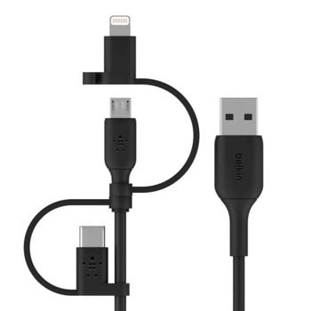 Кабел Baseus, от USB A (м) към 1x USB C(м), 1x Lightning(м), 1x MicroUSB(м), 1m, черен | JAR Computers Belkin CAC001BT1MBK