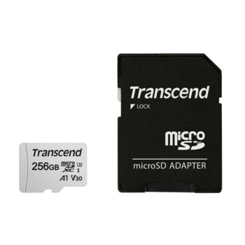 Карта памет 256GB microSDHC с адаптер, Transcend 300S, UHS-I U1, скорост на четене 100MB/sec, скорост на запис 40MB/sec | JAR Computers 256GB Transcend 300S TS256GUSD300S-A