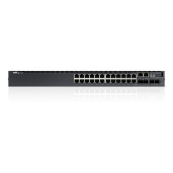 Суич Dell Networking N3024/1 RU, 24x 10/100/1000Base-T ports, 2x 10GbE SFP+ fixed ports, 1GB RAM, 1x 200W захранване, 1x RS232 | JAR Computers Dell Networking N3024/1 RU DNN3024
