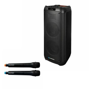 Комплект караоке колона и два микрофона Blaupunkt PB10DB, 2.0, 1000W RMS (500W + 500W), Bluetooth, USB, 3x Jack 6.3mm, 1x Jack 3.5mm, черни, слот за microSD карта, подсветка, до 5 часа време на работа | JAR Computers Blaupunkt PB10DB