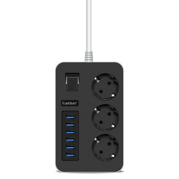 Разклонител Earldom ES-SC07, 3 гнезда, 6x USB-A, 2m, черен | JAR Computers Разклонител Earldom ES-SC07