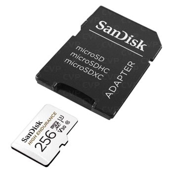Карта памет 256GB microSDXC с адаптер, SanDisk High Endurance, Class 10 U3 V30, скорост на четене 100MB/s, скорост на запис 40MB/s | JAR Computers SanDisk High Endurance 256GB SDSQQNR-256G-GN6IA