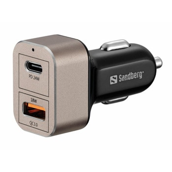 Зарядно за кола Sandberg SNB-441-43, от авт. запалка към 1x USB-A(ж)/1x USB-C(ж), 12V/1.5A, QC 3.0, черно | JAR Computers SANDBERG SNB-441-43