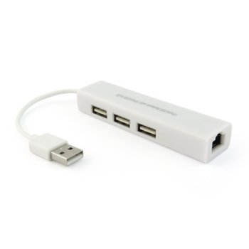 USB хъб USB 2.0 + Мрежов адаптер 3 порта, бял
