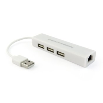 Докинг станция 12052, от USB A към 3х USB 2.0 / 1x RJ45, бял | JAR Computers USB хъб USB 2.0 + Мрежов адаптер 3 порта, бял