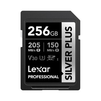 Карта памет 256GB SDXC, Lexar Professional Silver Plus, UHS-I U3 V30, скорост на четене до 205MB/s, скорост на запис до 150MB/s | JAR Computers Lexar LSDSIPL256G-BNNNG